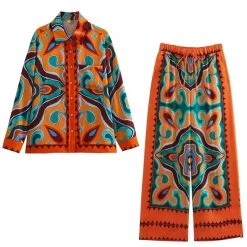 Boojee Boho Print Womens Silky Satin Loungewear Shirt And Pant Set