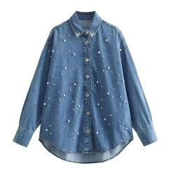 Women’s Pearl Detail Denim Vintage Long-sleeved Shirt