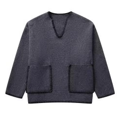 Womens Straight V Cut Neck Kint Jumper With Woven Pockets Dark Grey