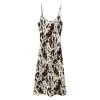 Womens Micro Strap Black White Print Silk Satin Midi Dress