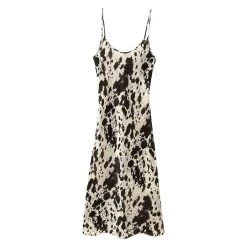 Womens Micro Strap Black White Print Silk Satin Midi Dress