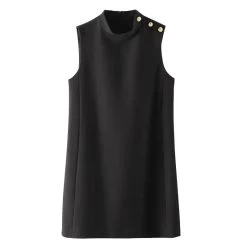 Womens Black Buckle Series Straight Cut Gold Button Detail 50’s Glam Mini Dress