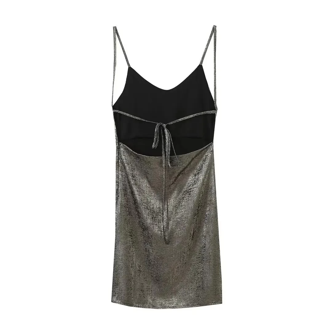 Womens Metallic Foil Thin Strap Backless Low Cut Slim Fit Mini Dress - Image 2