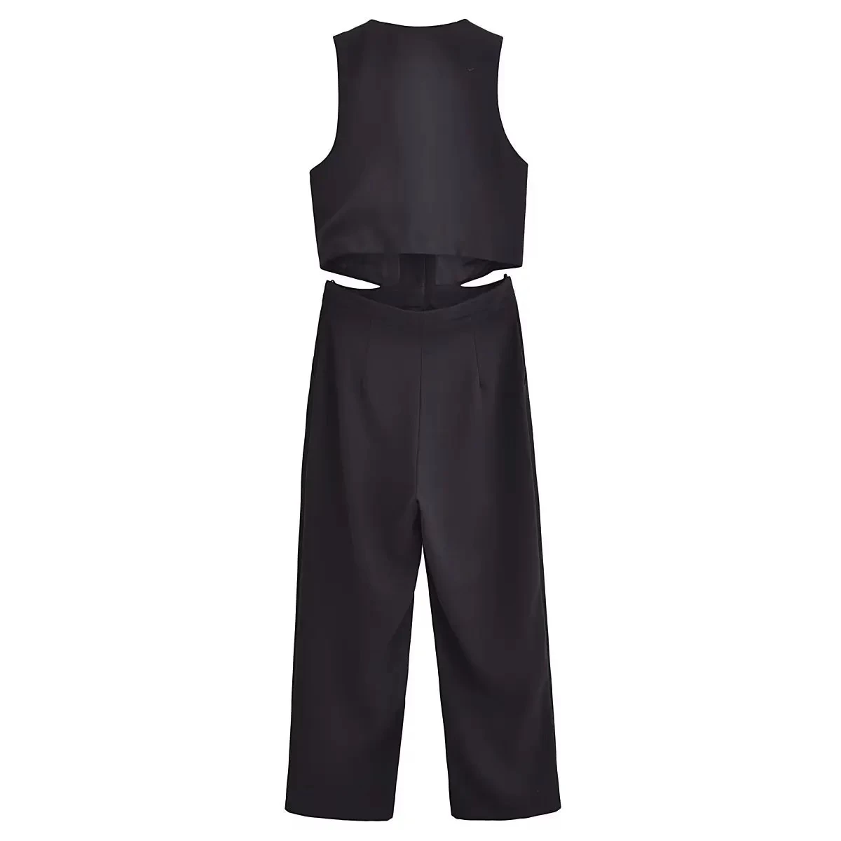 Womens Pleated Long Drop V Neck Side Cutout Vest Playsuit - Image 2