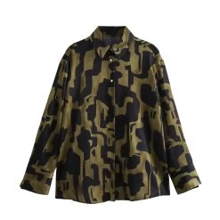 Womens Black Military Green Silk Satin Print Shirt Gold Button Detail