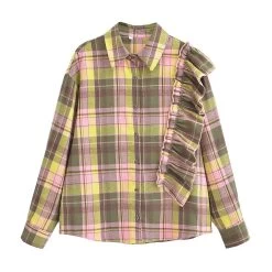 Womens Pink Plaid Shoulder Frill Long Sleeve Shirt