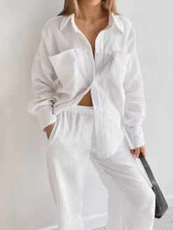 Loungewear White Pyjamas Set For Women Cotton Long Sleeve 2 Piece