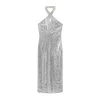 Womens Silver Sequined Sparkle Halter Slim Fit Backless Midi Dress