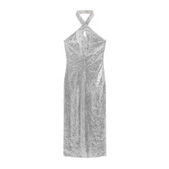 Womens Silver Sequined Sparkle Halter Slim Fit Backless Midi Dress