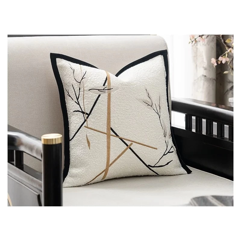 Modern Leaf Embroidered Ivory Black Cushion Cover - Image 4