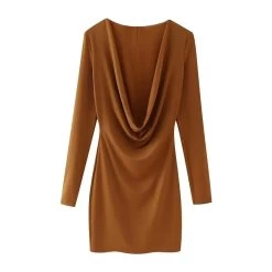 Womens Long V Long Sleeve 80’s Mini Dress In Chocolate Vintage