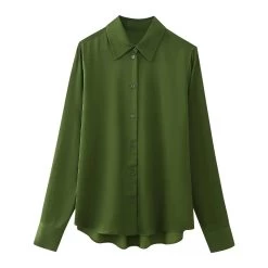 Womens Classic Silk Sating Green Collar Shirt