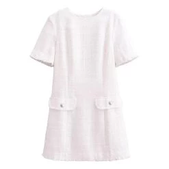 Womens Classic Black Or White Short Sleeve Tweed Mini Dress With Button Detail