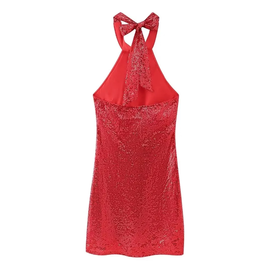 Womens Red Sequin Halter Backless Mini Dress - Image 2