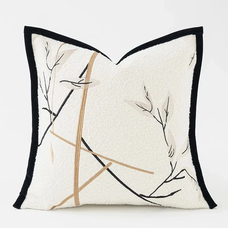 Modern Leaf Embroidered Ivory Black Cushion Cover
