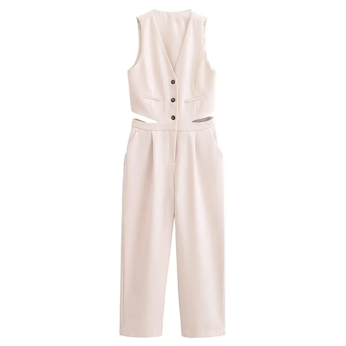 Womens Pleated Long Drop V Neck Side Cutout Vest Playsuit - Image 3