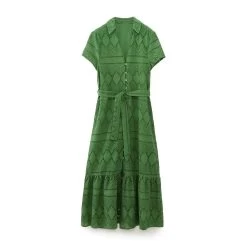 Womens Embroidered Green Shirt Style V Neck Long Button Dress