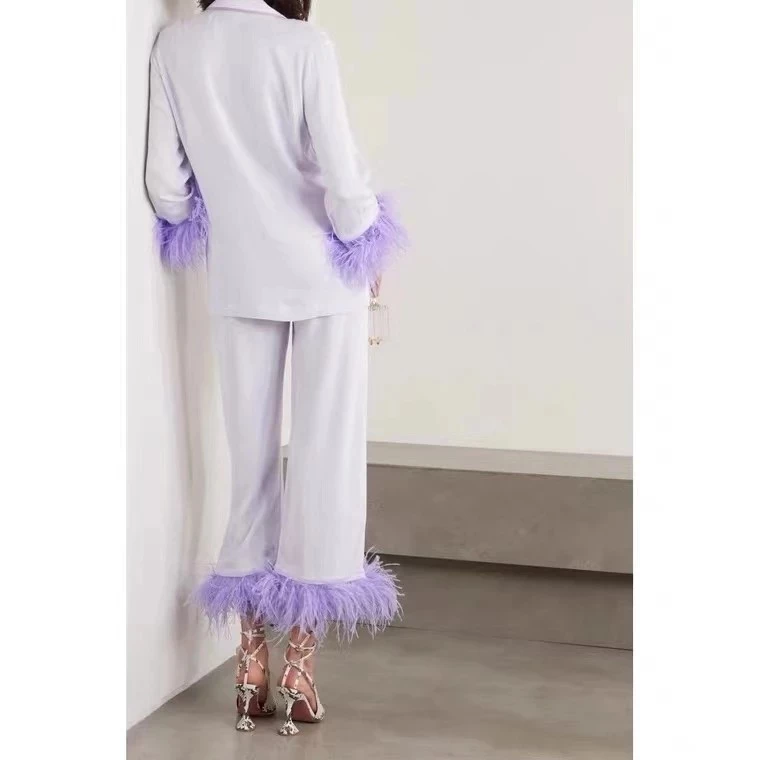 Luxury Womens Silky Lilac Purple Feather Pyjama Set - Image 3
