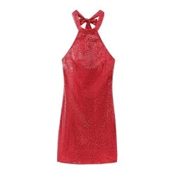 Womens Red Sequin Halter Backless Mini Dress