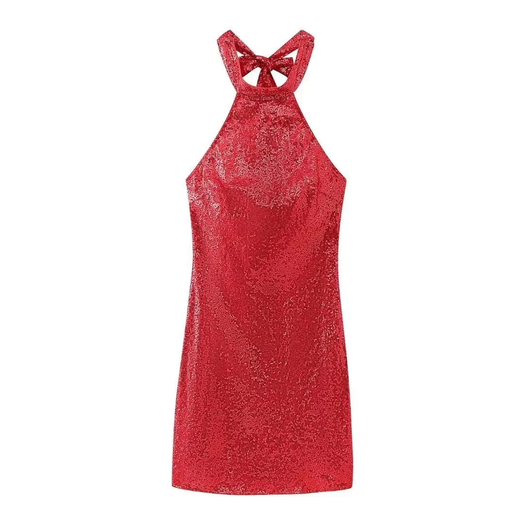 Womens Red Sequin Halter Backless Mini Dress