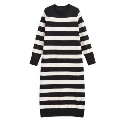 Women’s Round Neck Long Sleeve Dress – Slim Knit Stripped Fit.