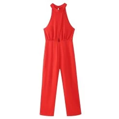 Womens Red Halter Sleeveless Long Wide-leg Jumpsuit Vintage Sleeveless