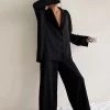 Womens Satin Loose Pajama Loungewear Single Breasted Set