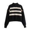 Women’s Buckle Sleeve Black White Strip Gold Button Detail High Neck Knit Jumper
