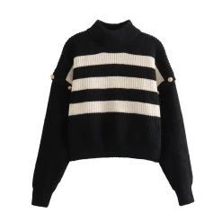 Women’s Buckle Sleeve Black White Strip Gold Button Detail High Neck Knit Jumper