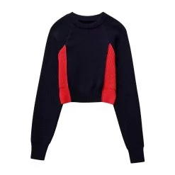 Women’s Colorblock Round Collar Long Sleeve Knit Black Red