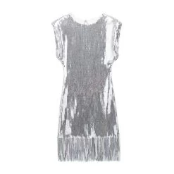 Womens Sleeveless Sequined Tassel Silver Round Collar Mini Dress