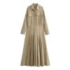Womens Khaki Military Pleated Shirt Midi Dress With Long Cuffed Sleeve