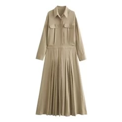 Womens Khaki Military Pleated Shirt Midi Dress With Long Cuffed Sleeve