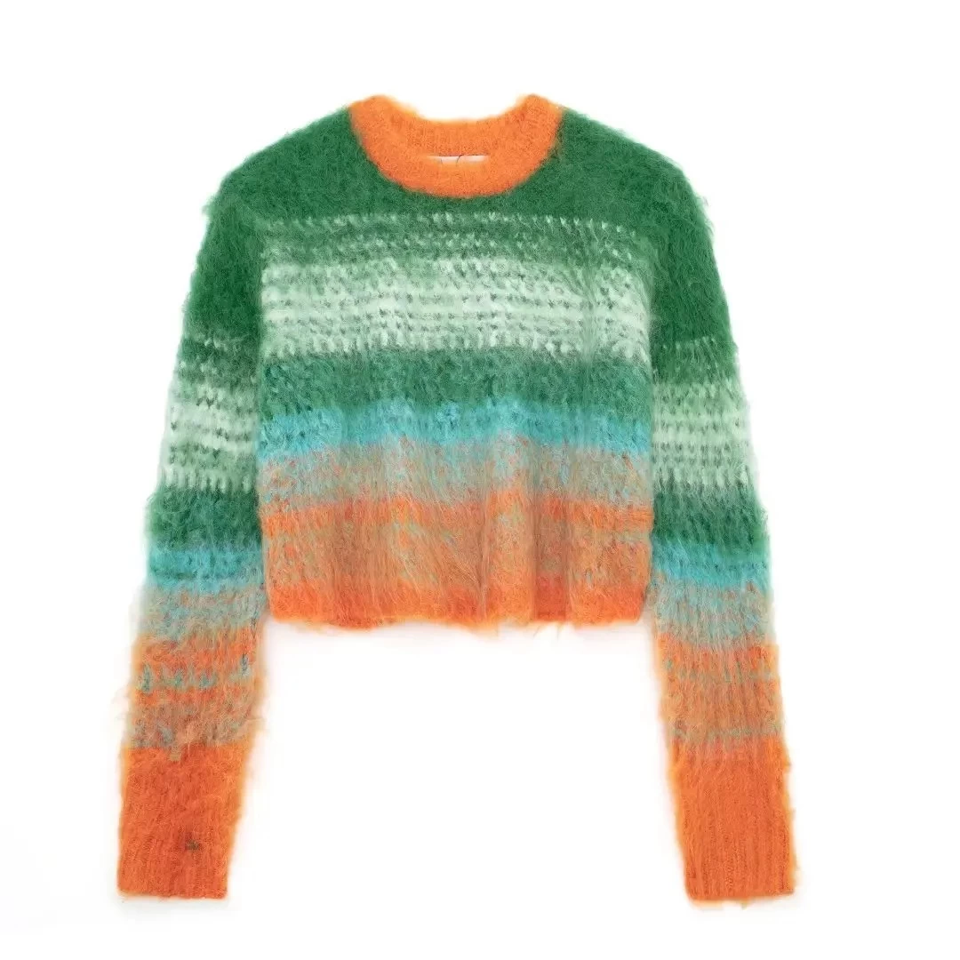 Womens Retro Green Short Knit Round Neck Jumper