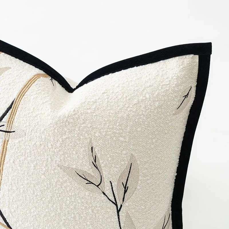 Modern Leaf Embroidered Ivory Black Cushion Cover - Image 2