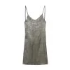Womens Metallic Foil Thin Strap Backless Low Cut Slim Fit Mini Dress