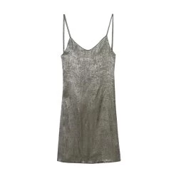 Womens Metallic Foil Thin Strap Backless Low Cut Slim Fit Mini Dress