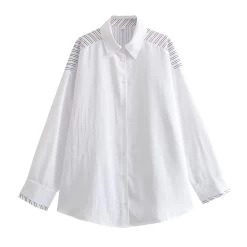 Womens Stripe Single Button Up Oversized White Shirt