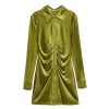 Womens Green Slim Line Ruched Velvet Shirt Button Up Mini Dress