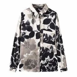 Womens Black & Ivory Floral Print Long Sleeve Shirt
