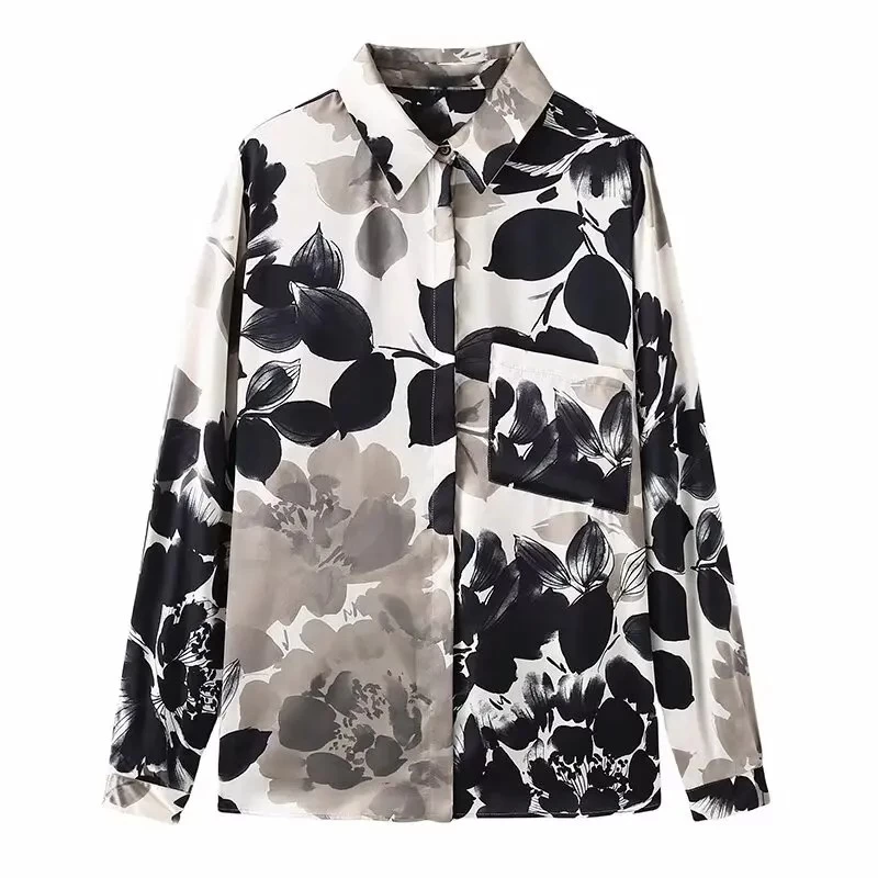 Womens Black & Ivory Floral Print Long Sleeve Shirt