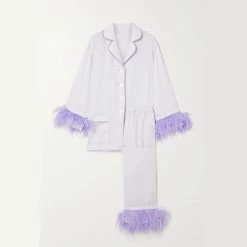 Luxury Womens Silky Lilac Purple Feather Pyjama Set