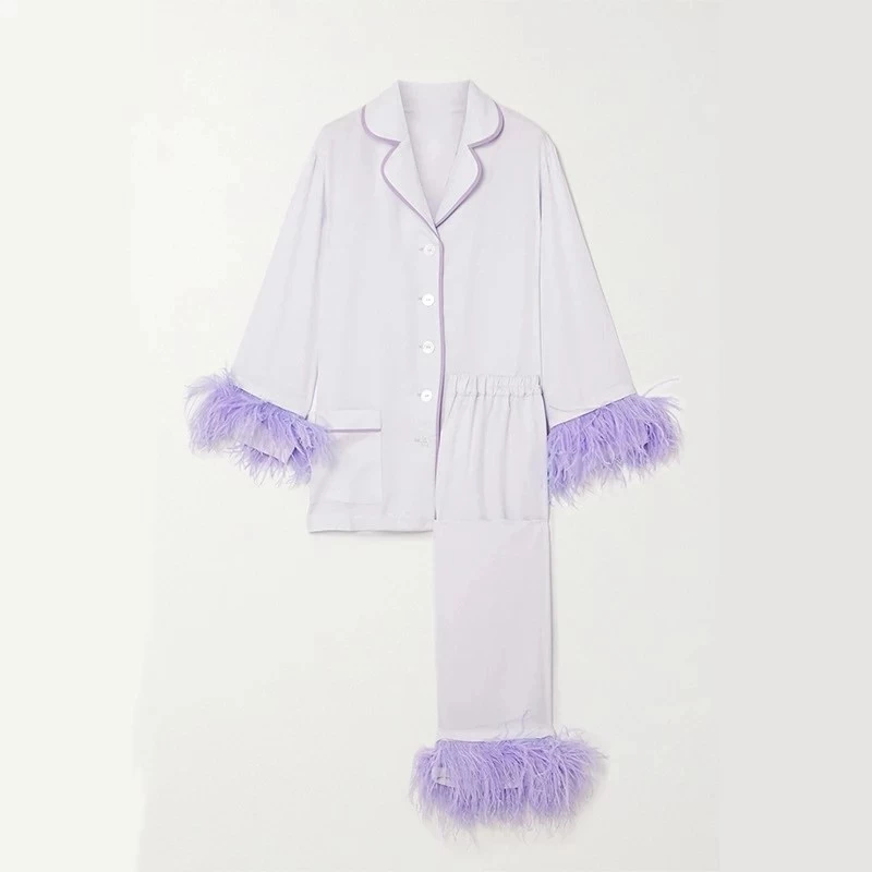 Luxury Womens Silky Lilac Purple Feather Pyjama Set