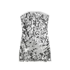 Womens Strapless Silver Beaded Tube Backless Party Mini Dress