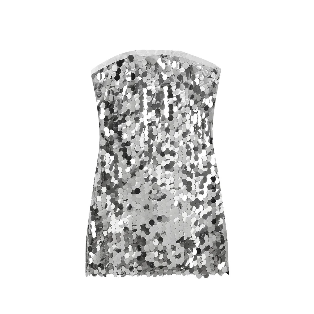 Womens Strapless Silver Beaded Tube Backless Party Mini Dress