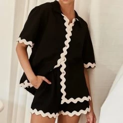 Women’s Pajama Loungewear Wave Patchwork Beach Set With Shorts