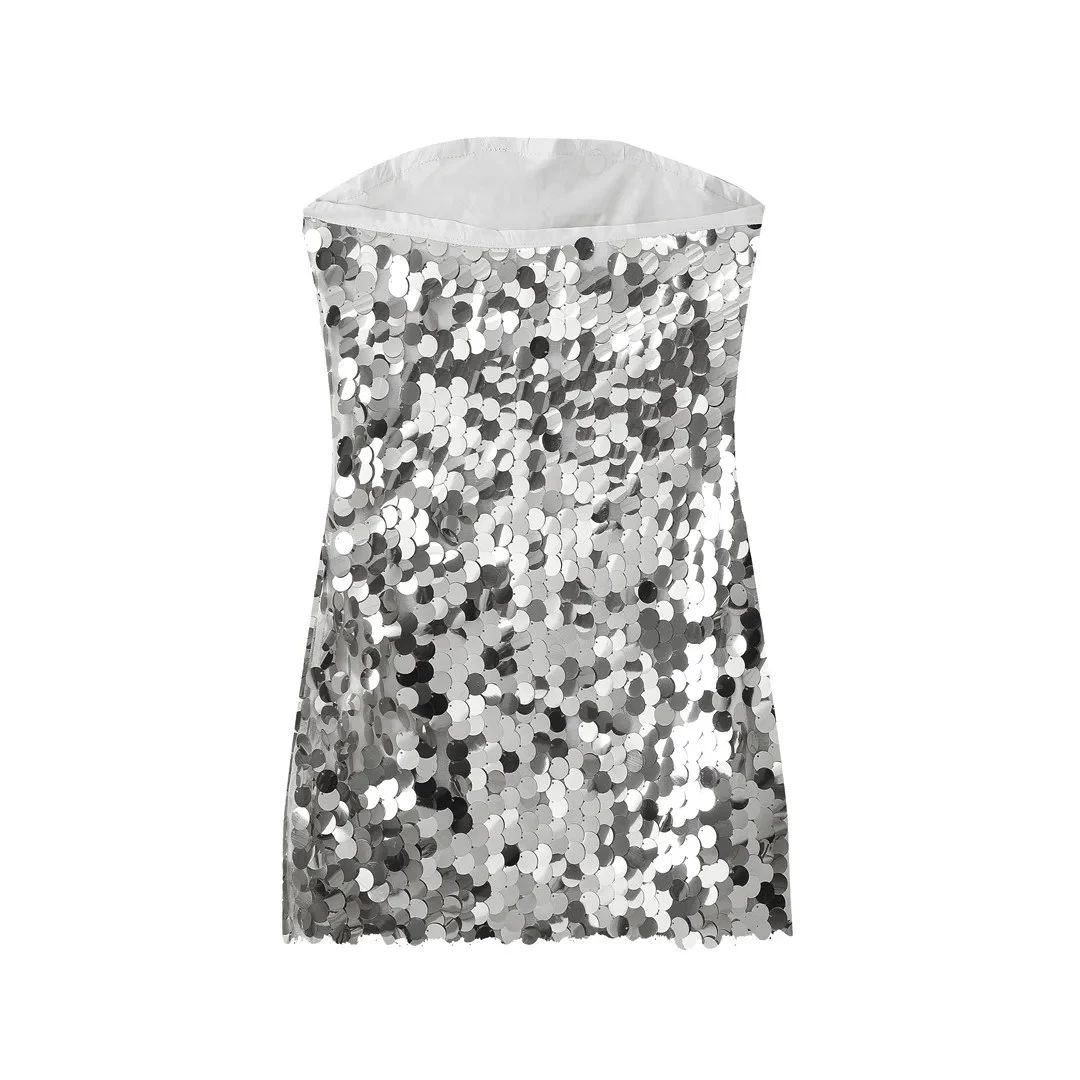 Womens Strapless Silver Beaded Tube Backless Party Mini Dress - Image 2
