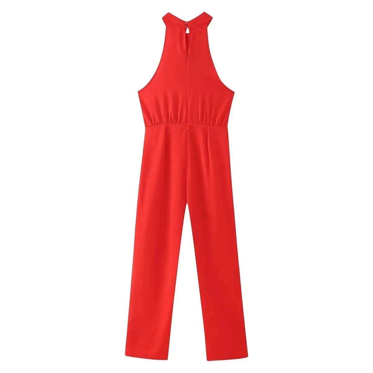 Womens Red Halter Sleeveless Long Wide-leg Jumpsuit Vintage Sleeveless - Image 2