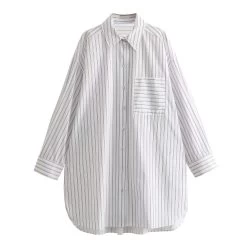 Womens White Strip Oversized Vintage Lapel Long Sleeve Shirt
